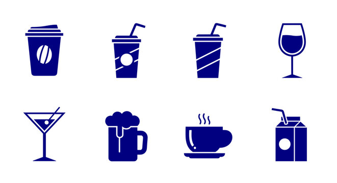 Assortment of beverage icons, including coffee, soda, wine, cocktails, beer, and juice, representing various refreshment options for menus and applications.