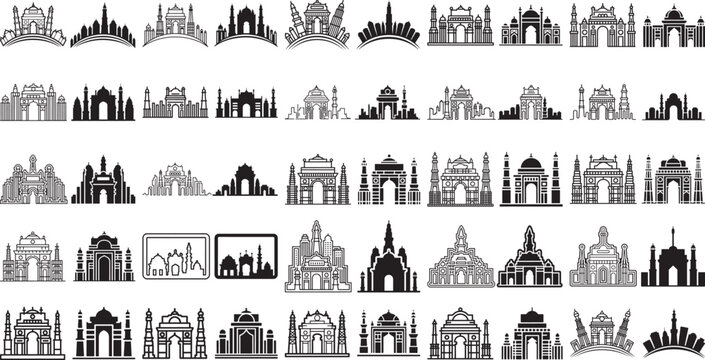Collection of iconic Indian architectural monuments and landmarks in black silhouette