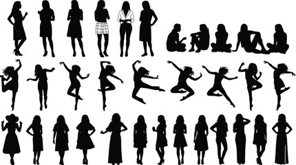 Collection of female silhouette poses, standing sitting and dancing women figures for creative design use