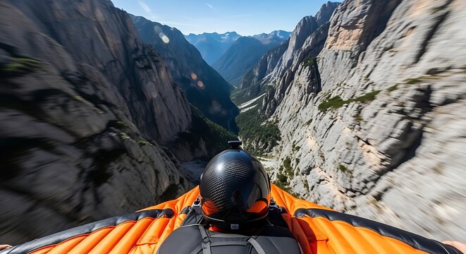 Extreme wingsuit flyer navigates narrow mountain gorge with breathtaking aerial view