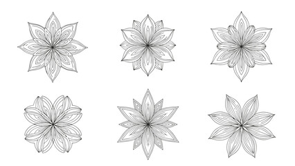 Obraz premium Detailed geometric flower and mandala star shapes illustrated in fine line art for intricate pattern and tattoo designs.