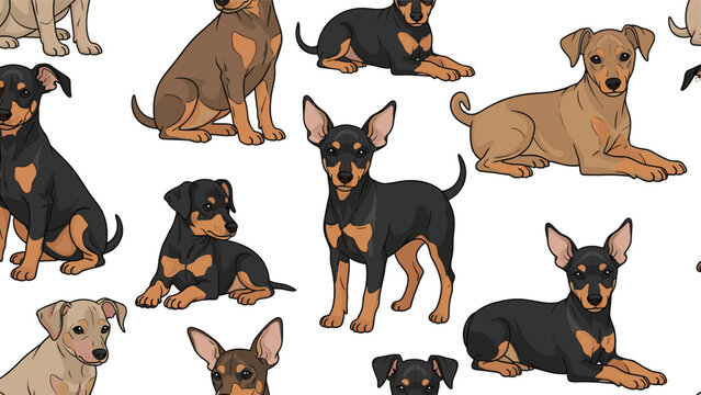 Lively seamless pattern featuring small black and tan dogs in playful poses for pet themed fabric and wallpaper designs.