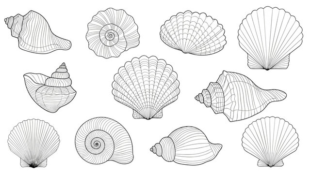 Collection of various sea shells including conch and scallops illustrated in detailed line art for coastal decor.