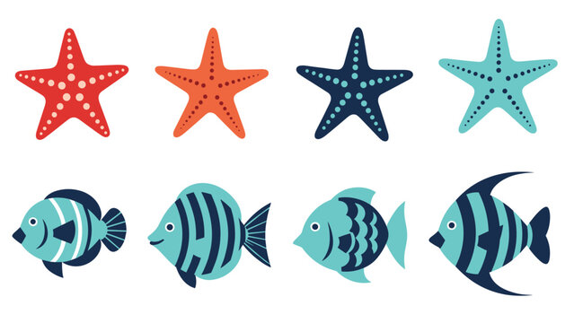 Collection of colorful sea life illustrations including four starfishes and four fishes with different stripes and patterns.