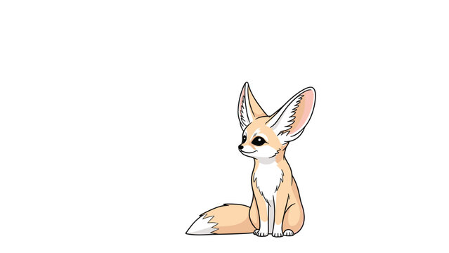 Fennec fox illustration with large characteristic ears and a bushy tail sitting calmly on a plain white background.