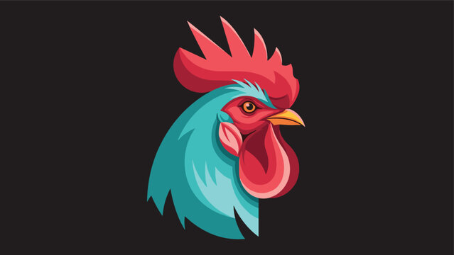 Detailed colorful illustration of a rooster head with bright red comb and blue feathers against a dark backdrop.