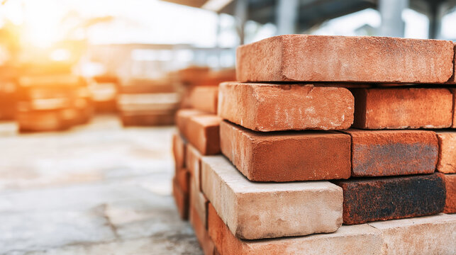 Stack of red interlocking paving bricks at construction site with bright sun flare, building material
