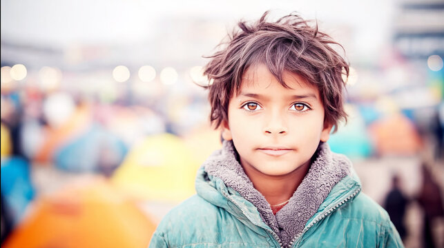 Young boy showing big brown eyes and a sincere expression in a refugee camp during the day
