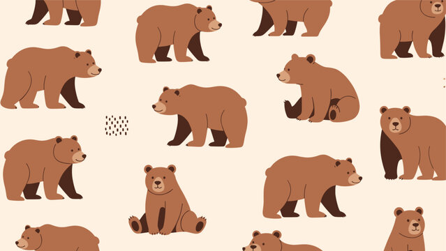Seamless pattern features friendly brown bears in various natural poses like walking and sitting on a light background for child decor.