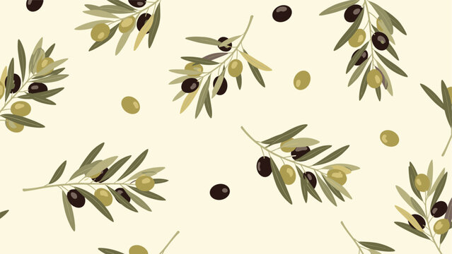 Seamless pattern showcases olive branches with both green and black olives on a cream background for a Mediterranean inspired design.