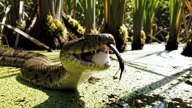 Close-up of a Northern Water Snake with a white fish in its mouth in a swamp, wildlife in natural habitat