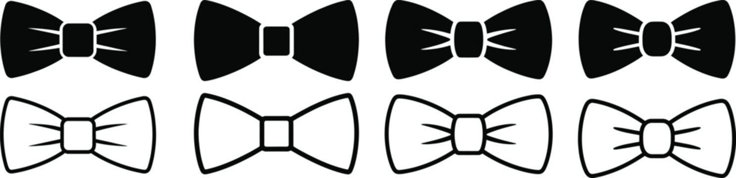 Collection of black and white bow tie icons, solid and outline styles, representing formal wear and accessories.