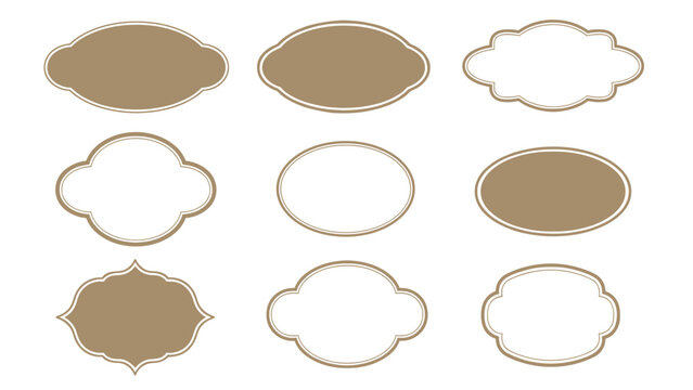 Set of nine vintage style blank frames and labels in various shapes and sizes in brown and white for product packaging design.