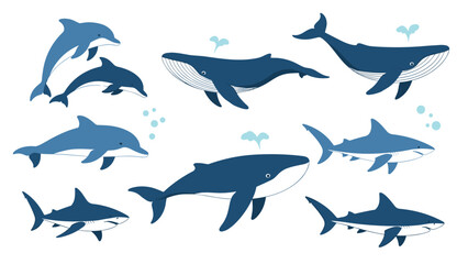 Naklejka premium Large set of blue and white illustrations featuring different species of whales, dolphins, and sharks on a white background.