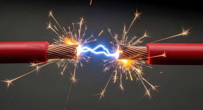 Two red wires spark with intense blue electricity as they are forcefully severed. The wires are connected by a bright, jagged bolt of lightning, creating a dramatic and energetic visual effect.