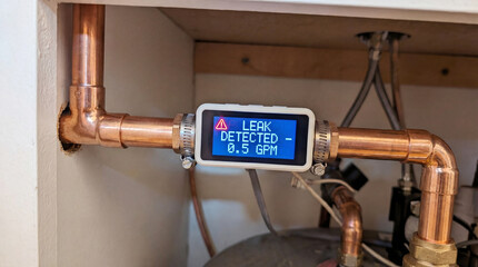 Plumbing leak detection system displaying an alert on a copper pipe installation