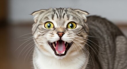 Naklejka premium Close-up of a shocked Scottish Fold cat with wide eyes and mouth open looking forward with intense