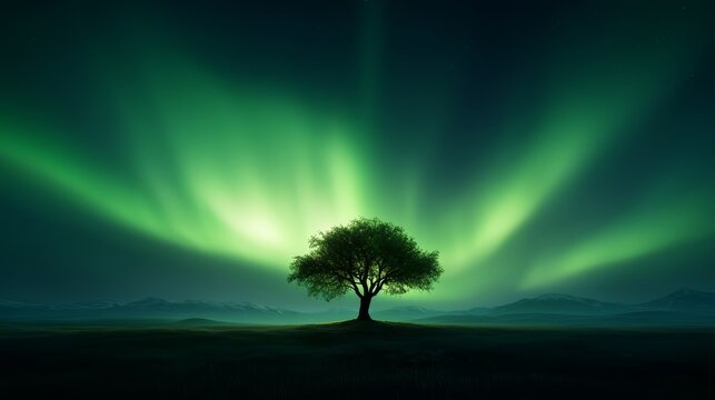 Tree Beneath the Northern Lights: A solitary tree stands silhouetted against a breathtaking display of the aurora borealis, with ethereal green and blue light dancing across the night sky.