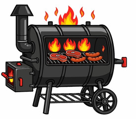 Cartoon BBQ Grill with Flames and Steaks Vector Illustration