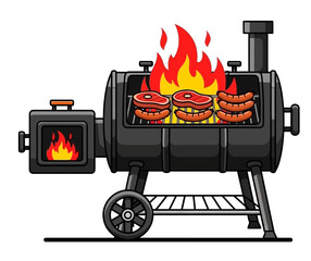 Cartoon BBQ Grill with Flames and Steaks Vector Illustration