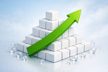 Fototapeta premium Ascending Structure: A graphic representation showcasing the concept of growth and development, visualized through a pyramid structure and an upward-pointing arrow. The image uses minimalist design.