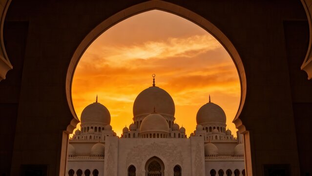 Magnificent white marble mosque featuring multiple large domes and crescent moon finials sits framed by a dark horseshoe arch under a brilliant orange sunset sky.