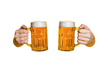 beer toast: two mugs of lager on white background