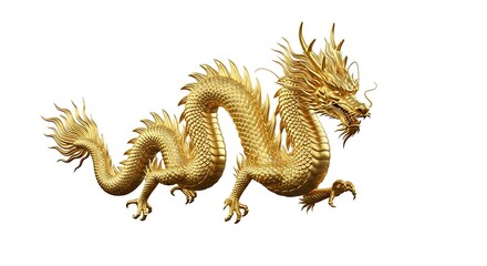 Golden chinese dragon with intricate details and majestic appearance, symbolizing good fortune and prosperity on white background