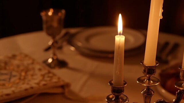 A sacred Jewish Passover Seder meal beautifully illuminated by the warm glow of candlelight, featuring traditional matzah and a ceremonial wine goblet on a set table