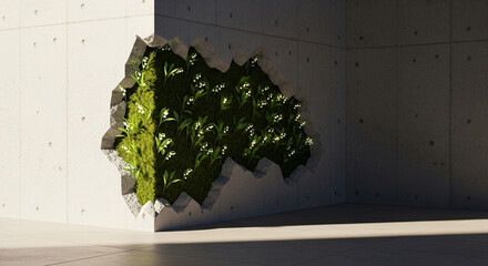 Serene Lily of the Valley Moss Garden Emerging from a Broken Concrete Wall - Urban Nature Revival