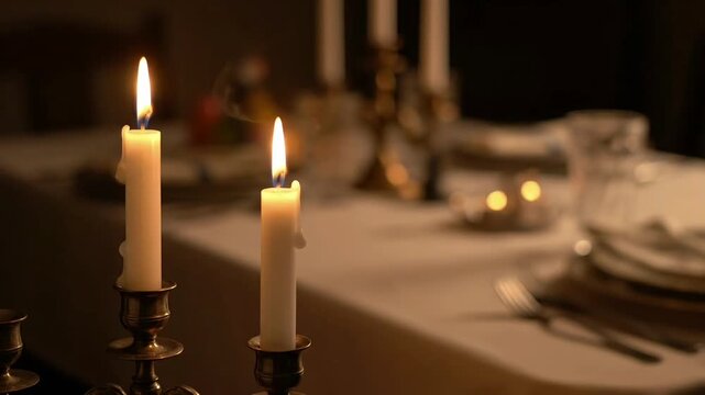 Elegantly lit candles illuminate a beautifully set dinner table, creating a warm, inviting ambiance for a sacred jewish passover celebration or a special family gathering