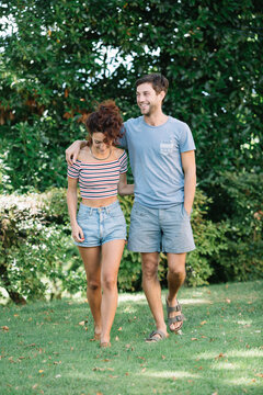 Couple in love walking in a park