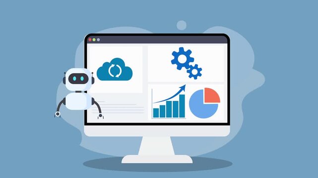 Flat vector animation of an AI dashboard on a desktop monitor with charts, cloud sync icon, and a friendly robot assistant, representing automation, data synchronization, and smart technology.