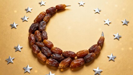 Obraz premium Brown Medjool date fruits are arranged in a crescent moon shape on a golden textured background with decorative silver stars for Ramadan celebration.