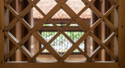 伝統的な木製格子窓のクローズアップ