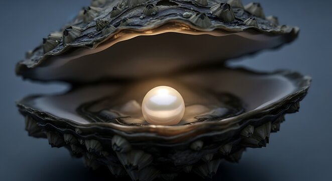 A pearl glistens inside an open oyster shell on a dark surface viewed from a slightly elevated angle jph (444).jpg
