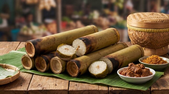 Traditional Indonesian Lemang Sticky Rice Cooked in Bamboo with Beef Rendang and Serundeng