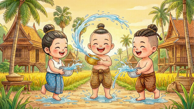 three joyful traditional Thai children cartoon playing water at Songkran Day, Thai New Year Holidays, children cartoon enjoy water festival.
