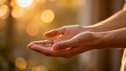 Two human hands are cupped together in a prayerful gesture under warm golden sunlight with beautiful circular bokeh flares in the background.