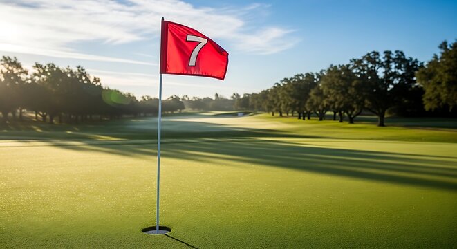 A serene golf course scene with a red flag