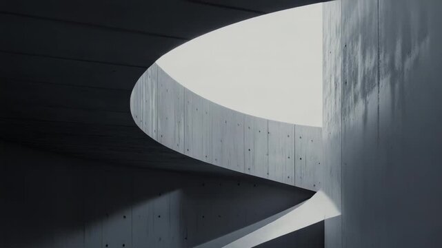 Abstract architectural rendering displaying sculptural concrete forms, a spiraling design, and strong contrasting shadows creating a minimalist and modern aesthetic