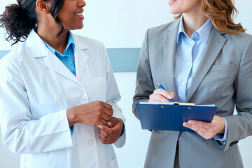 Caucasian middle aged woman holding clipboard and writing while standing next to Black middle aged woman in lab coat, both smiling and engaging in professional conversation