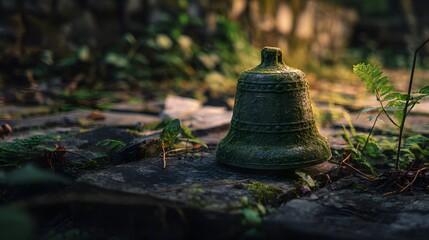 Ancient bronze bell amidst ruins evokes mystery and forgotten history bathed in golden light
