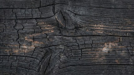 A detailed close-up view of a charred wooden log, showcasing cracked texture and blackened surface, captured from a top-down viewpoint.