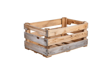 Empty rustic wooden crate for storing produce or goods, with an open slatted design and natural aged texture
