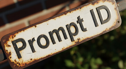 Rusty metal sign with 'Prompt ID' text on a weathered surface, suggesting a unique identifier or signal.