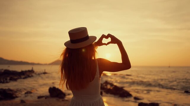 Traveling to ocean, female tourist showing heart shape by hands against sunset. Graceful happy woman admiring fabulous sunrise above sea, rear view, camera moving back, from close-up to full-length