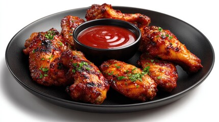 Fototapeta premium A plate of grilled chicken wings with a side of ketchup.
