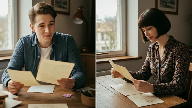 A split screen of a man and woman reading letters at tables by the windows