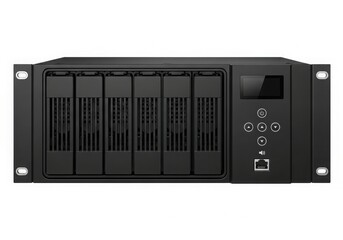 Obraz premium Black high-capacity enterprise storage server with multiple drive bays and front panel controls